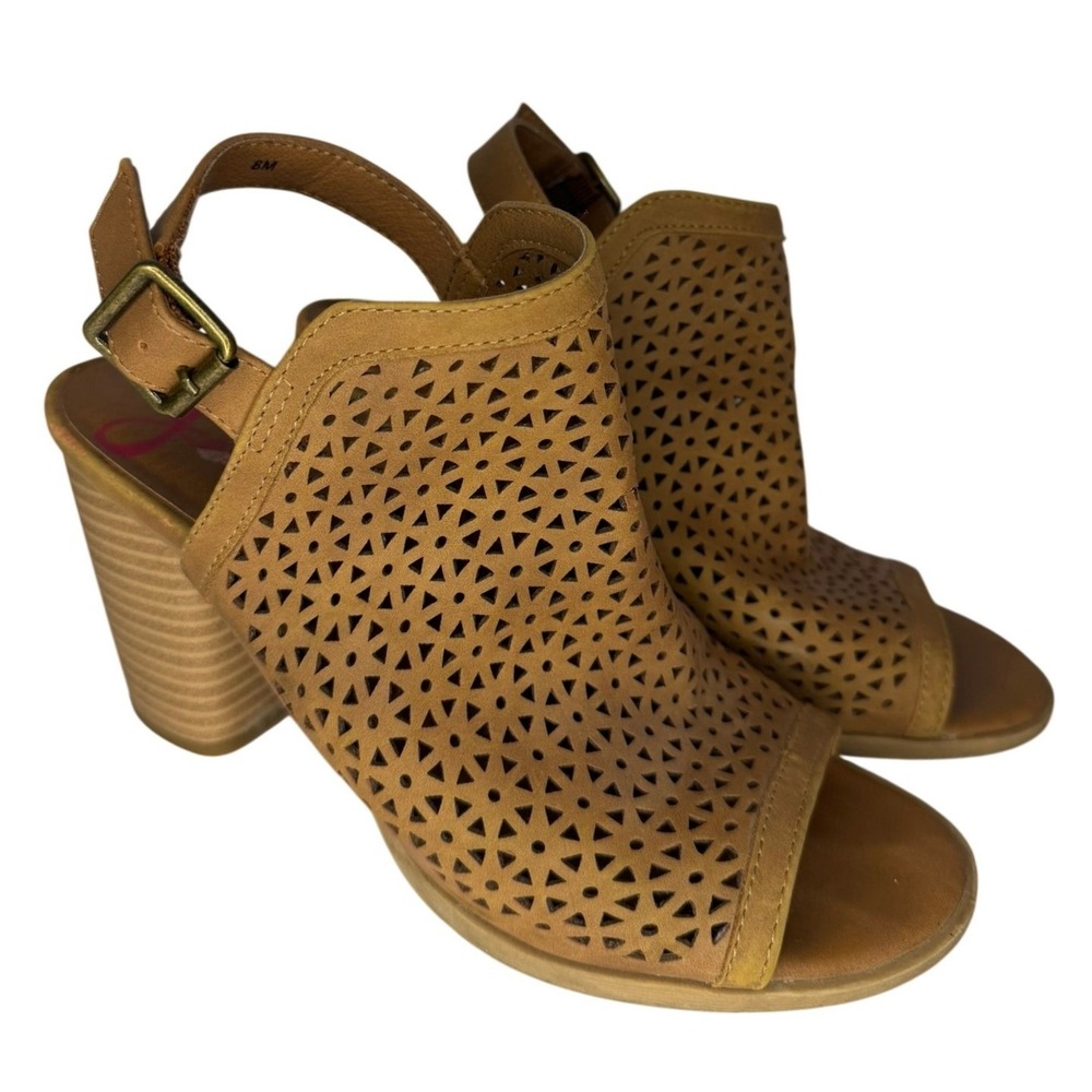 Jellypop Heeled Sandals Women 8 Tan Laser Cut Perforated Block‎ Heel Slingback